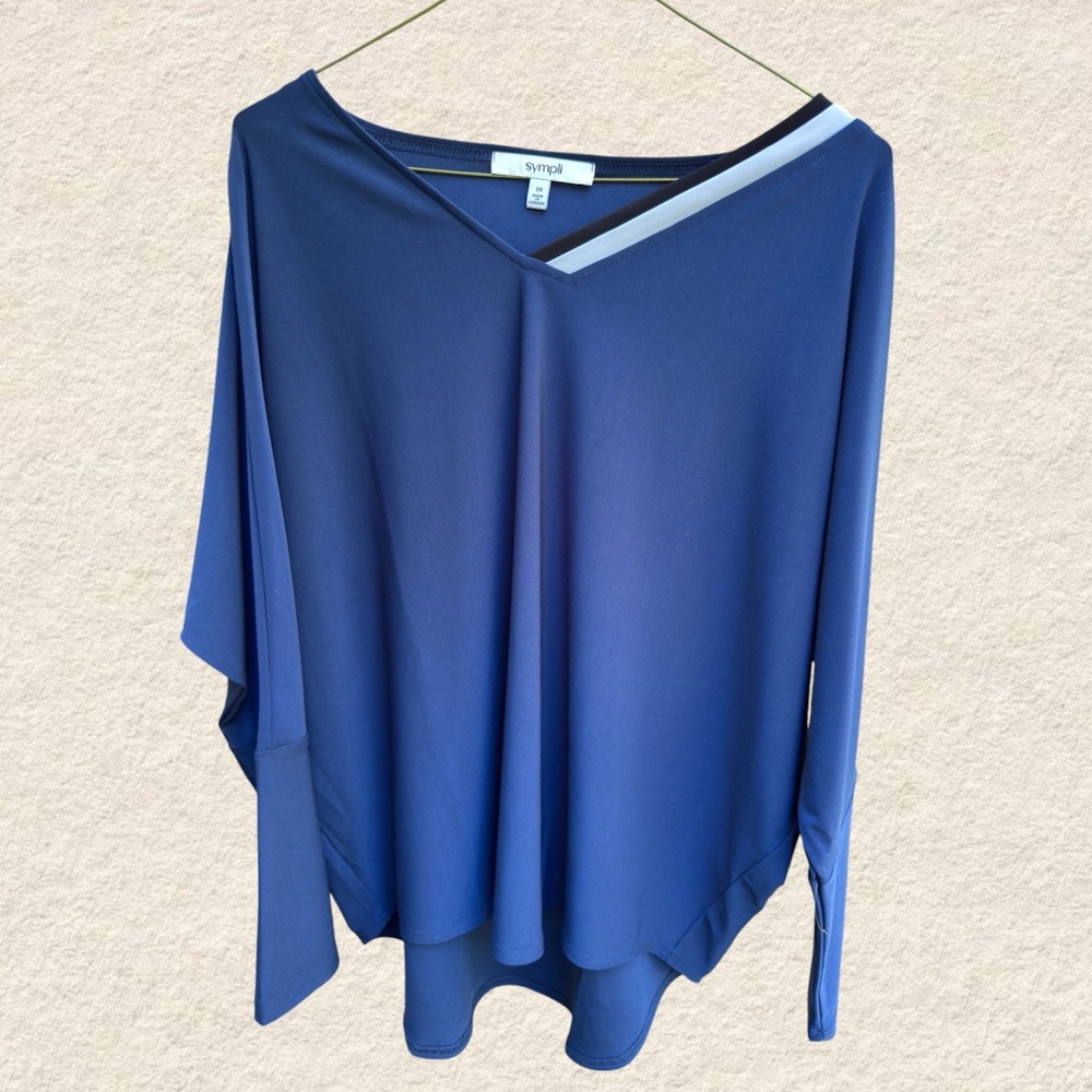SOLD
Sympli Navy Blue Asymmetric V-Neck Tunic with Contrast Trim